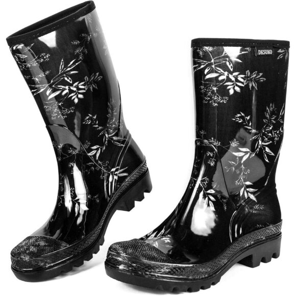 Shoes - Women's Black Leaves Lightweight Rubber Fashion Wide Calf Waterproof Rain Boots